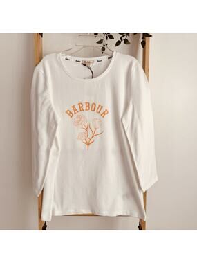 Barbour Women’s White Logo Graphic Long Sleeve Crew Neck T Shirt Top US Size 6